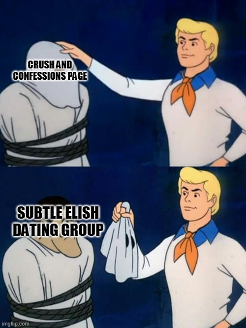 New trends ? | CRUSH AND CONFESSIONS PAGE; SUBTLE ELISH DATING GROUP | image tagged in scooby doo mask reveal | made w/ Imgflip meme maker