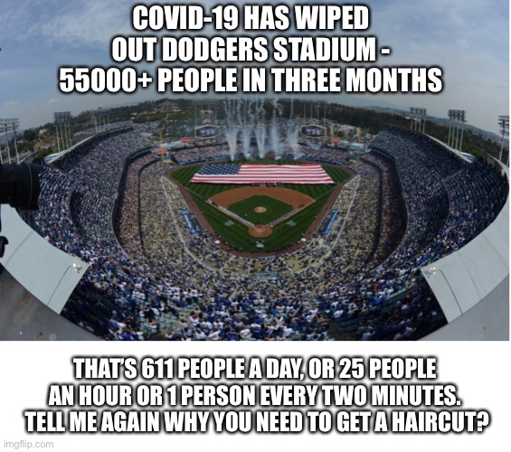 You don’t know oppression until you’re scared to breathe around other people | COVID-19 HAS WIPED OUT DODGERS STADIUM - 55000+ PEOPLE IN THREE MONTHS; THAT’S 611 PEOPLE A DAY, OR 25 PEOPLE AN HOUR OR 1 PERSON EVERY TWO MINUTES.  TELL ME AGAIN WHY YOU NEED TO GET A HAIRCUT? | image tagged in covid-19,coronavirus,dodger stadium,oppression,quarantine | made w/ Imgflip meme maker