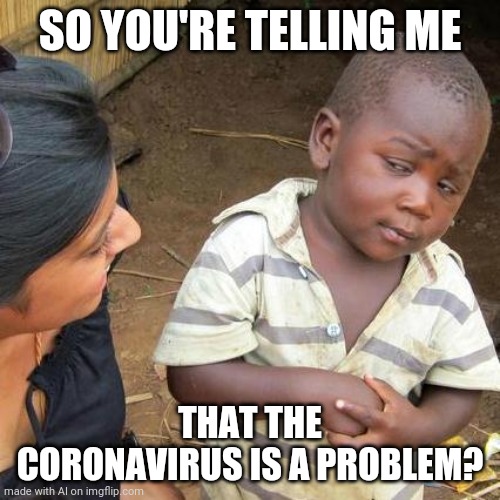 Problem | SO YOU'RE TELLING ME; THAT THE CORONAVIRUS IS A PROBLEM? | image tagged in memes,third world skeptical kid | made w/ Imgflip meme maker