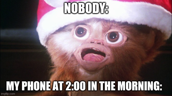 truuu | NOBODY:; MY PHONE AT 2:00 IN THE MORNING: | image tagged in mogwai bright lights | made w/ Imgflip meme maker