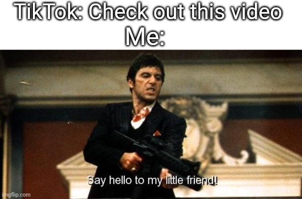 End TikTok's Existence, Pls | TikTok: Check out this video; Me: | image tagged in say hello to my little friend | made w/ Imgflip meme maker