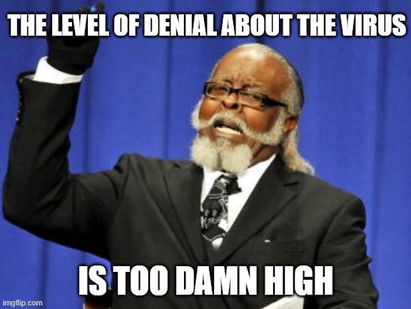 Too Damn High Meme | THE LEVEL OF DENIAL ABOUT THE VIRUS; IS TOO DAMN HIGH | image tagged in memes,too damn high | made w/ Imgflip meme maker