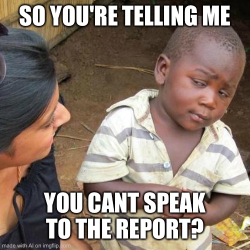 Third World Skeptical Kid | SO YOU'RE TELLING ME; YOU CANT SPEAK TO THE REPORT? | image tagged in memes,third world skeptical kid | made w/ Imgflip meme maker