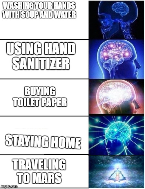 Expanding Brain 5 Panel | WASHING YOUR HANDS WITH SOUP AND WATER; USING HAND SANITIZER; BUYING TOILET PAPER; STAYING HOME; TRAVELING TO MARS | image tagged in expanding brain 5 panel | made w/ Imgflip meme maker