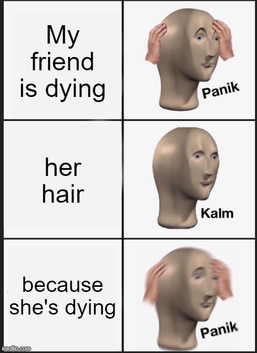 Panik Kalm Panik | My friend is dying; her hair; because she's dying | image tagged in memes,panik kalm panik | made w/ Imgflip meme maker