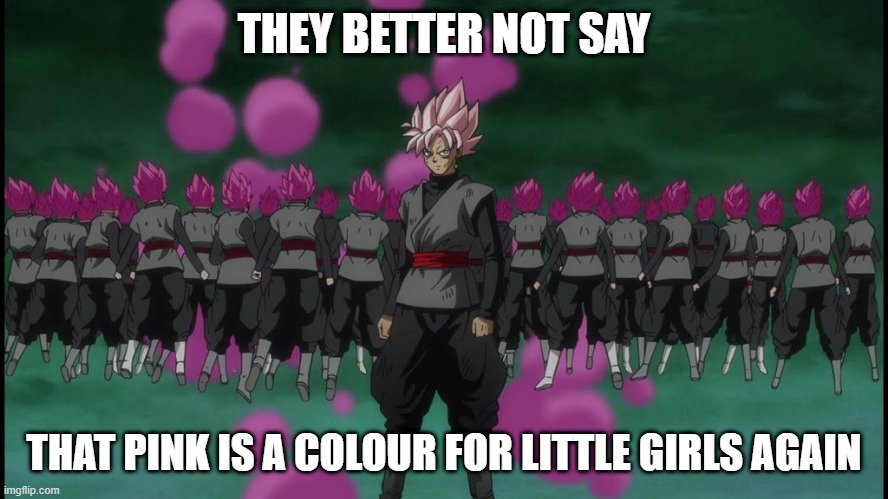 Goku Black clones | THEY BETTER NOT SAY THAT PINK IS A COLOUR FOR LITTLE GIRLS AGAIN | image tagged in goku black clones | made w/ Imgflip meme maker