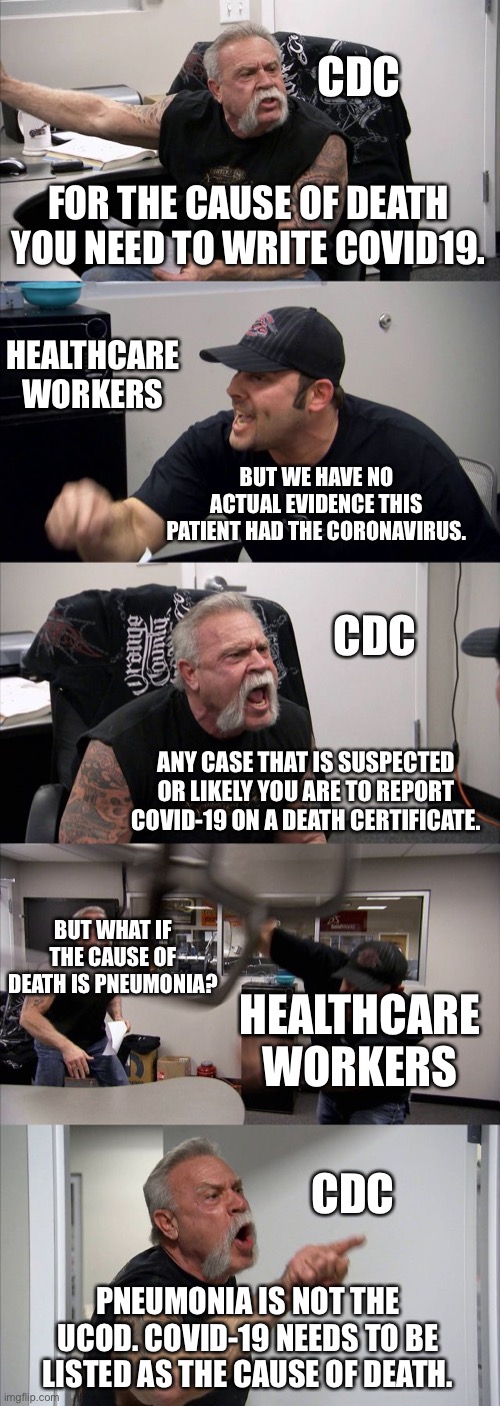 American Chopper Argument Meme | CDC; FOR THE CAUSE OF DEATH YOU NEED TO WRITE COVID19. HEALTHCARE WORKERS; BUT WE HAVE NO ACTUAL EVIDENCE THIS PATIENT HAD THE CORONAVIRUS. CDC; ANY CASE THAT IS SUSPECTED OR LIKELY YOU ARE TO REPORT COVID-19 ON A DEATH CERTIFICATE. BUT WHAT IF THE CAUSE OF DEATH IS PNEUMONIA? HEALTHCARE WORKERS; CDC; PNEUMONIA IS NOT THE UCOD. COVID-19 NEEDS TO BE LISTED AS THE CAUSE OF DEATH. | image tagged in memes,american chopper argument | made w/ Imgflip meme maker