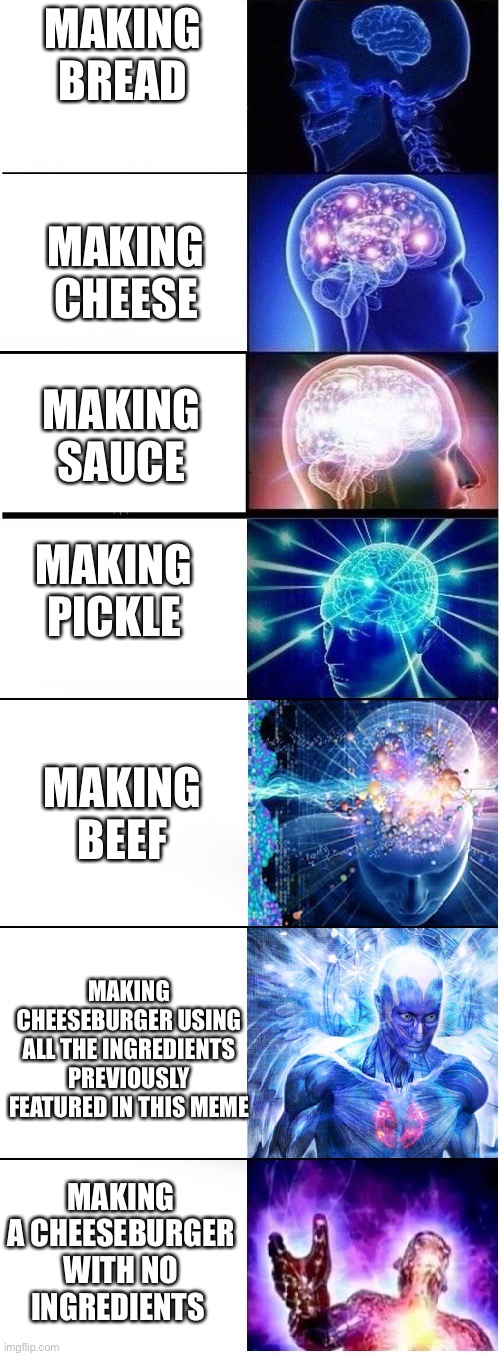 Expanding brain extended 2 | MAKING BREAD; MAKING CHEESE; MAKING SAUCE; MAKING PICKLE; MAKING BEEF; MAKING CHEESEBURGER USING ALL THE INGREDIENTS PREVIOUSLY FEATURED IN THIS MEME; MAKING A CHEESEBURGER WITH NO INGREDIENTS | image tagged in expanding brain extended 2 | made w/ Imgflip meme maker