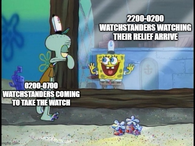 Watch | 2200-0200 WATCHSTANDERS WATCHING THEIR RELIEF ARRIVE; 0200-0700 WATCHSTANDERS COMING TO TAKE THE WATCH | image tagged in spongebob squidward,navy,us navy,us army,air force,us military | made w/ Imgflip meme maker