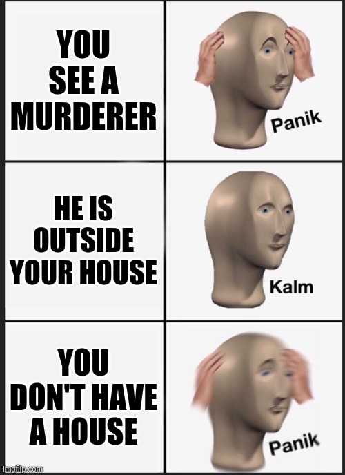 Panik Kalm Panik Meme | YOU SEE A MURDERER; HE IS OUTSIDE YOUR HOUSE; YOU DON'T HAVE A HOUSE | image tagged in memes,panik kalm panik | made w/ Imgflip meme maker