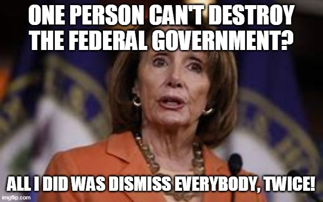I'm on vacation again | ONE PERSON CAN'T DESTROY THE FEDERAL GOVERNMENT? ALL I DID WAS DISMISS EVERYBODY, TWICE! | image tagged in memes,nancy pelosi | made w/ Imgflip meme maker
