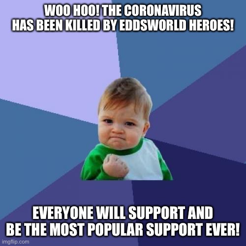 Success Kid Meme | WOO HOO! THE CORONAVIRUS HAS BEEN KILLED BY EDDSWORLD HEROES! EVERYONE WILL SUPPORT AND BE THE MOST POPULAR SUPPORT EVER! | image tagged in memes,success kid | made w/ Imgflip meme maker