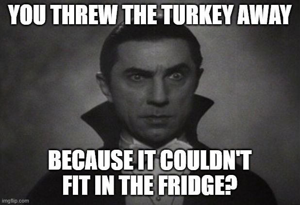 vampire hates waste | YOU THREW THE TURKEY AWAY; BECAUSE IT COULDN'T FIT IN THE FRIDGE? | image tagged in og vampire | made w/ Imgflip meme maker