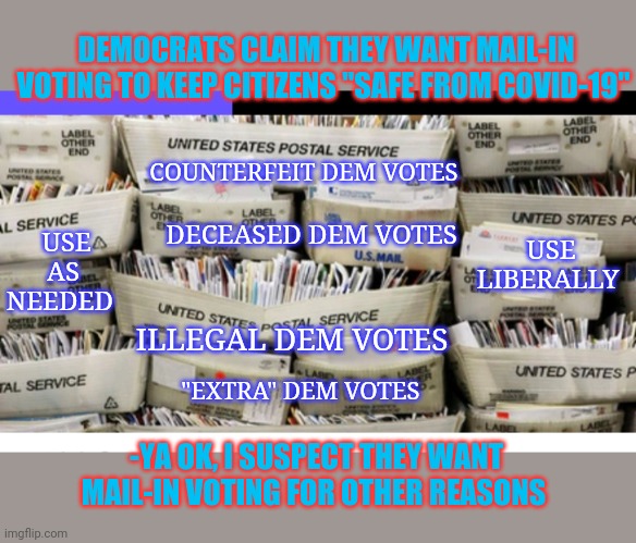 Corrupt Dems: Vote Early & Vote Often! | DEMOCRATS CLAIM THEY WANT MAIL-IN VOTING TO KEEP CITIZENS "SAFE FROM COVID-19"; COUNTERFEIT DEM VOTES; USE AS NEEDED; USE LIBERALLY; DECEASED DEM VOTES; ILLEGAL DEM VOTES; "EXTRA" DEM VOTES; -YA OK, I SUSPECT THEY WANT MAIL-IN VOTING FOR OTHER REASONS | image tagged in democratic socialism,corrupt,stupid liberals | made w/ Imgflip meme maker