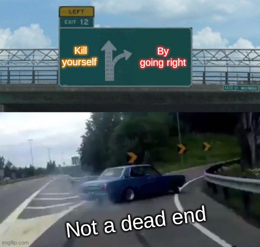 Left Exit 12 Off Ramp | Kill yourself; By going right; Not a dead end | image tagged in memes,left exit 12 off ramp | made w/ Imgflip meme maker