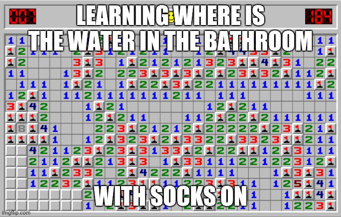 LEARNING WHERE IS THE WATER IN THE BATHROOM; WITH SOCKS ON | image tagged in minesweeper,danger,memes | made w/ Imgflip meme maker