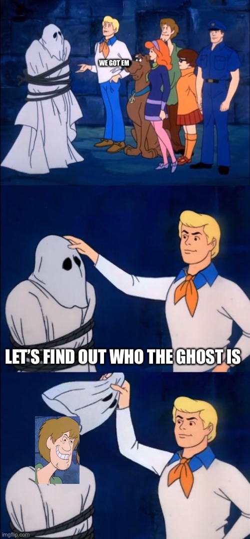 Revenge shaggy | WE GOT EM; LET’S FIND OUT WHO THE GHOST IS | image tagged in scooby doo | made w/ Imgflip meme maker