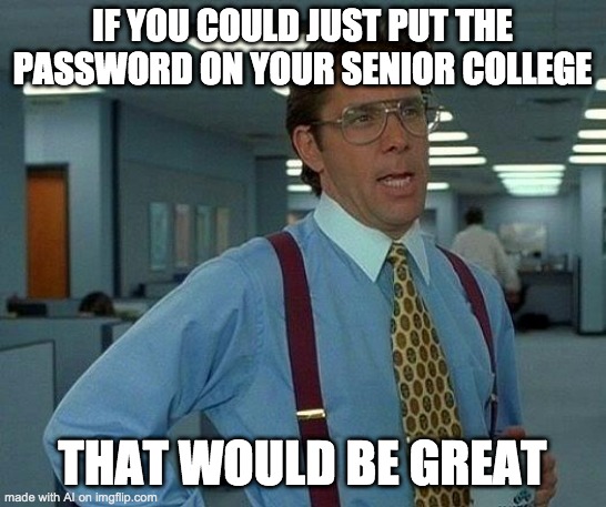 That Would Be Great Meme | IF YOU COULD JUST PUT THE PASSWORD ON YOUR SENIOR COLLEGE; THAT WOULD BE GREAT | image tagged in memes,that would be great | made w/ Imgflip meme maker