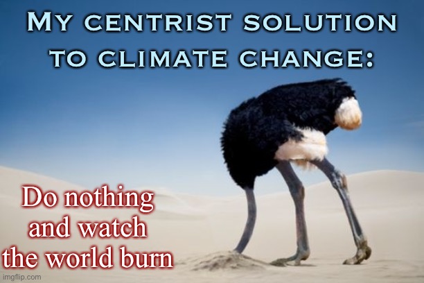 When you ask for their "centrist solution to climate change." | My centrist solution to climate change:; Do nothing and watch the world burn | image tagged in head in the sand,climate change,global warming,conservative logic,conservatives,nothing | made w/ Imgflip meme maker