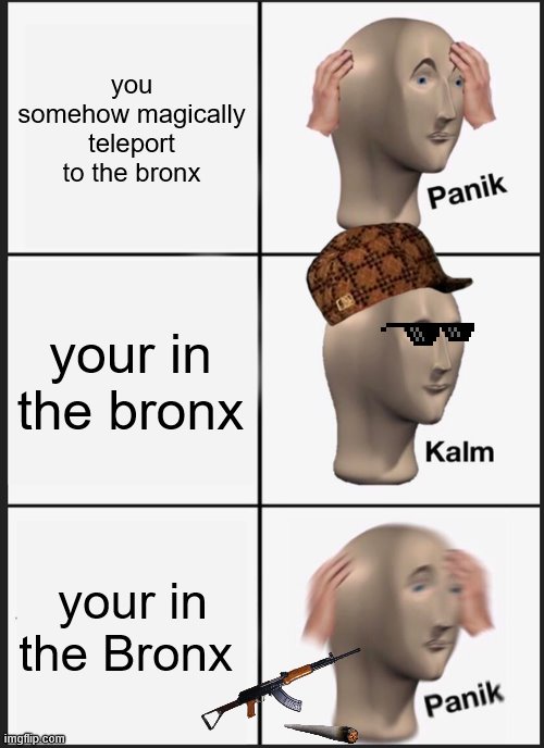 Panik Kalm Panik | you somehow magically teleport to the bronx; your in the bronx; your in the Bronx | image tagged in memes,panik kalm panik | made w/ Imgflip meme maker