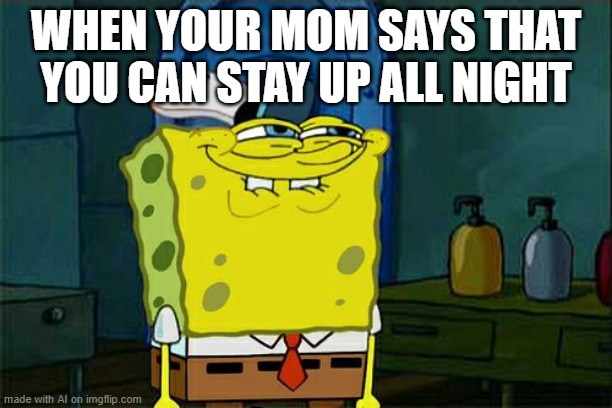 Don't You Squidward Meme | WHEN YOUR MOM SAYS THAT YOU CAN STAY UP ALL NIGHT | image tagged in memes,don't you squidward | made w/ Imgflip meme maker