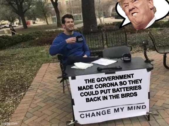 Change My Mind Meme | THE GOVERNMENT MADE CORONA SO THEY COULD PUT BATTERIES BACK IN THE BIRDS | image tagged in memes,change my mind | made w/ Imgflip meme maker