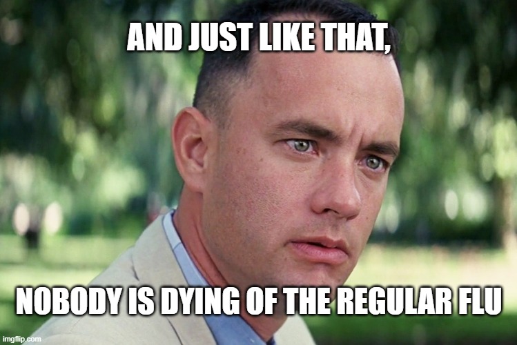 Where'd the Regular Flu Go? | AND JUST LIKE THAT, NOBODY IS DYING OF THE REGULAR FLU | image tagged in memes,and just like that,flu,coronavirus,flu season | made w/ Imgflip meme maker