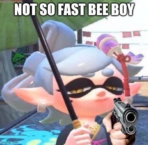 Marie with a gun | NOT SO FAST BEE BOY | image tagged in marie with a gun | made w/ Imgflip meme maker