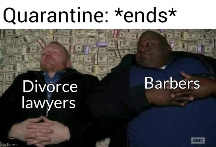 Repost lol | image tagged in quarantine,funny,divorce,lawyers,barber,covid-19 | made w/ Imgflip meme maker