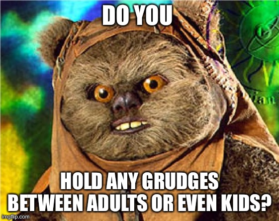 Angry Ewok | DO YOU; HOLD ANY GRUDGES BETWEEN ADULTS OR EVEN KIDS? | image tagged in angry ewok | made w/ Imgflip meme maker