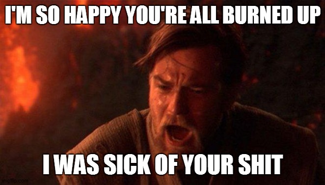 You Were The Chosen One (Star Wars) Meme | I'M SO HAPPY YOU'RE ALL BURNED UP; I WAS SICK OF YOUR SHIT | image tagged in memes,you were the chosen one star wars | made w/ Imgflip meme maker