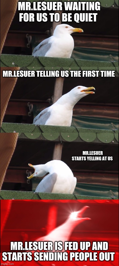 Mr.LeSuer Actions | MR.LESUER WAITING FOR US TO BE QUIET; MR.LESUER TELLING US THE FIRST TIME; MR.LESUER STARTS YELLING AT US; MR.LESUER IS FED UP AND STARTS SENDING PEOPLE OUT | image tagged in memes,inhaling seagull | made w/ Imgflip meme maker