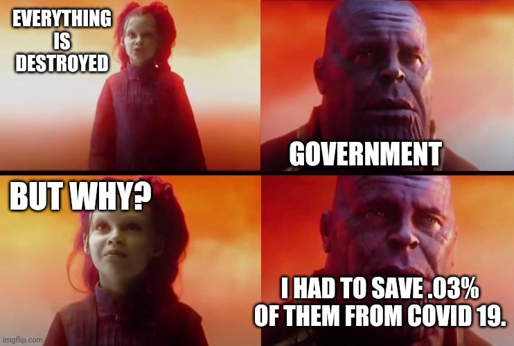 Again...the cure is worse than the disease. | EVERYTHING IS DESTROYED; GOVERNMENT; BUT WHY? I HAD TO SAVE .03% OF THEM FROM COVID 19. | image tagged in what did it cost,coronavirus,politics,political meme | made w/ Imgflip meme maker