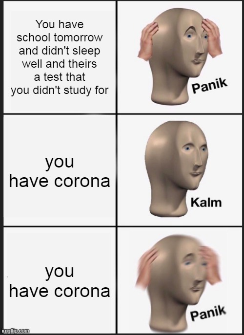 Panik Kalm Panik Meme | You have school tomorrow and didn't sleep well and theirs a test that you didn't study for; you have corona; you have corona | image tagged in memes,panik kalm panik | made w/ Imgflip meme maker