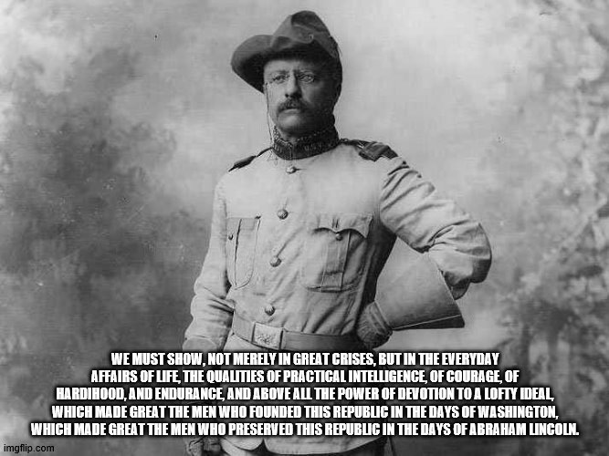 Teddy Roosevelt quote | WE MUST SHOW, NOT MERELY IN GREAT CRISES, BUT IN THE EVERYDAY AFFAIRS OF LIFE, THE QUALITIES OF PRACTICAL INTELLIGENCE, OF COURAGE, OF HARDIHOOD, AND ENDURANCE, AND ABOVE ALL THE POWER OF DEVOTION TO A LOFTY IDEAL, WHICH MADE GREAT THE MEN WHO FOUNDED THIS REPUBLIC IN THE DAYS OF WASHINGTON, WHICH MADE GREAT THE MEN WHO PRESERVED THIS REPUBLIC IN THE DAYS OF ABRAHAM LINCOLN. | image tagged in motivational | made w/ Imgflip meme maker