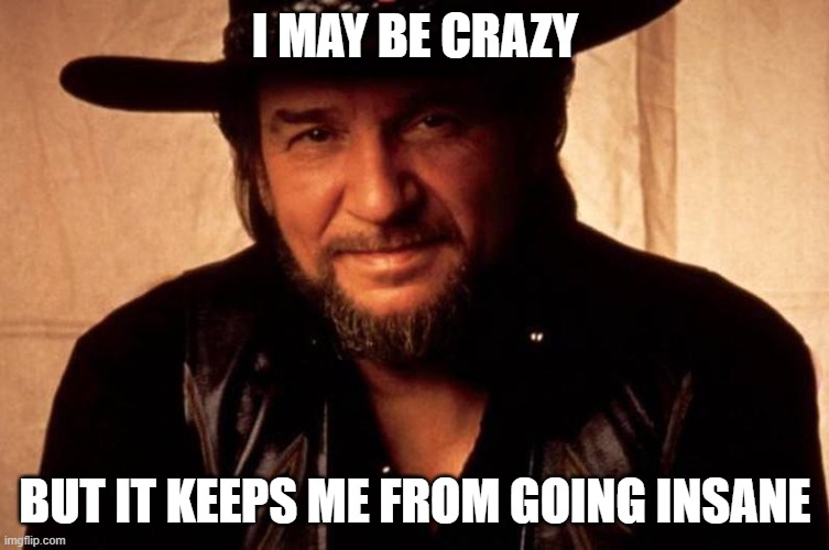 Waylon Jennings | I MAY BE CRAZY; BUT IT KEEPS ME FROM GOING INSANE | image tagged in waylon jennings | made w/ Imgflip meme maker