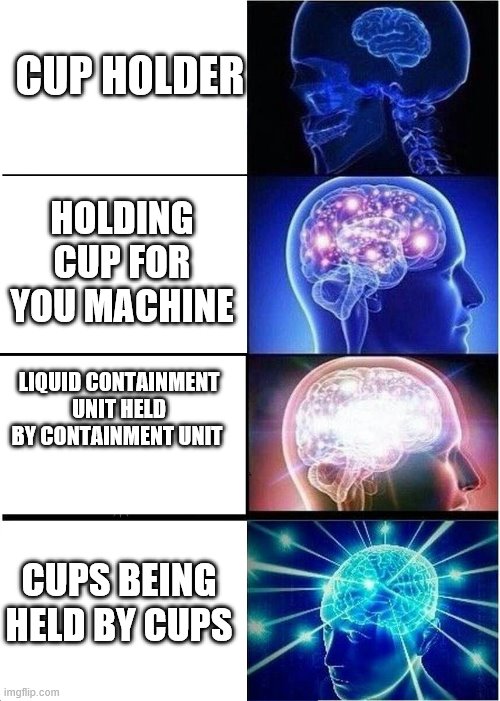 LIQUID CONTAINMENT UNIT HELD BY CONTAINMENT UNIT HOLDING CUP FOR YOU MACHINE CUP HOLDER CUPS BEING HELD BY CUPS | image tagged in memes,expanding brain | made w/ Imgflip meme maker