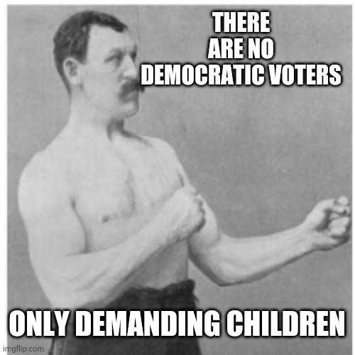 Overly Manly Man | THERE ARE NO DEMOCRATIC VOTERS; ONLY DEMANDING CHILDREN | image tagged in memes,overly manly man | made w/ Imgflip meme maker