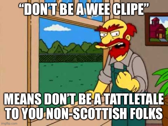 Scottish sayings | “DON’T BE A WEE CLIPE”; MEANS DON’T BE A TATTLETALE TO YOU NON-SCOTTISH FOLKS | image tagged in groundskeeper willie from the simpsons | made w/ Imgflip meme maker