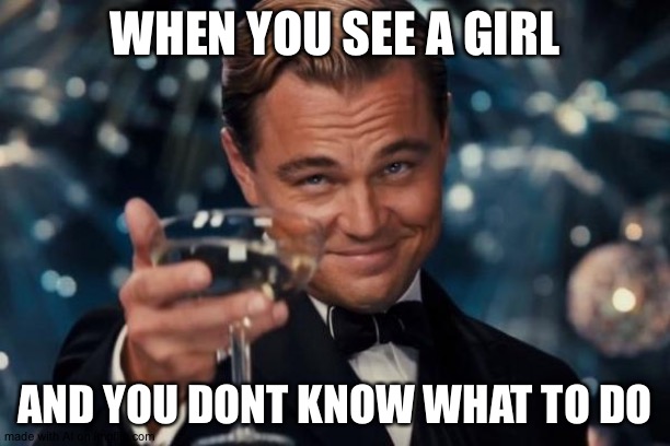 Leonardo Dicaprio Cheers | WHEN YOU SEE A GIRL; AND YOU DONT KNOW WHAT TO DO | image tagged in memes,leonardo dicaprio cheers | made w/ Imgflip meme maker
