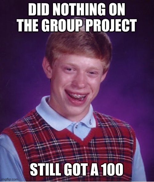 Bad Luck Brian Meme | DID NOTHING ON THE GROUP PROJECT; STILL GOT A 100 | image tagged in memes,bad luck brian | made w/ Imgflip meme maker