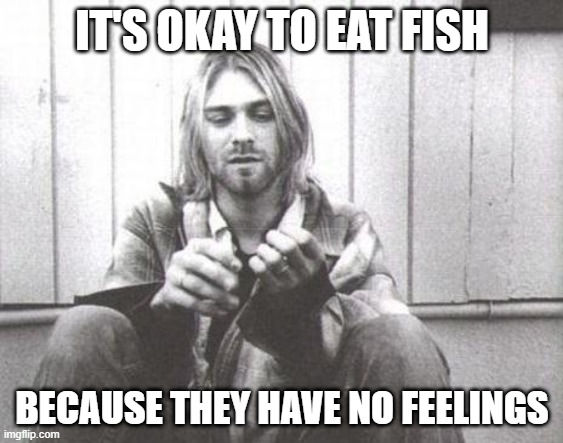 Kurt Cobain | IT'S OKAY TO EAT FISH; BECAUSE THEY HAVE NO FEELINGS | image tagged in kurt cobain | made w/ Imgflip meme maker