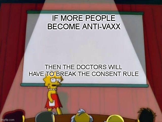 Lisa Simpson's Presentation | IF MORE PEOPLE BECOME ANTI-VAXX; THEN THE DOCTORS WILL HAVE TO BREAK THE CONSENT RULE | image tagged in lisa simpson's presentation | made w/ Imgflip meme maker
