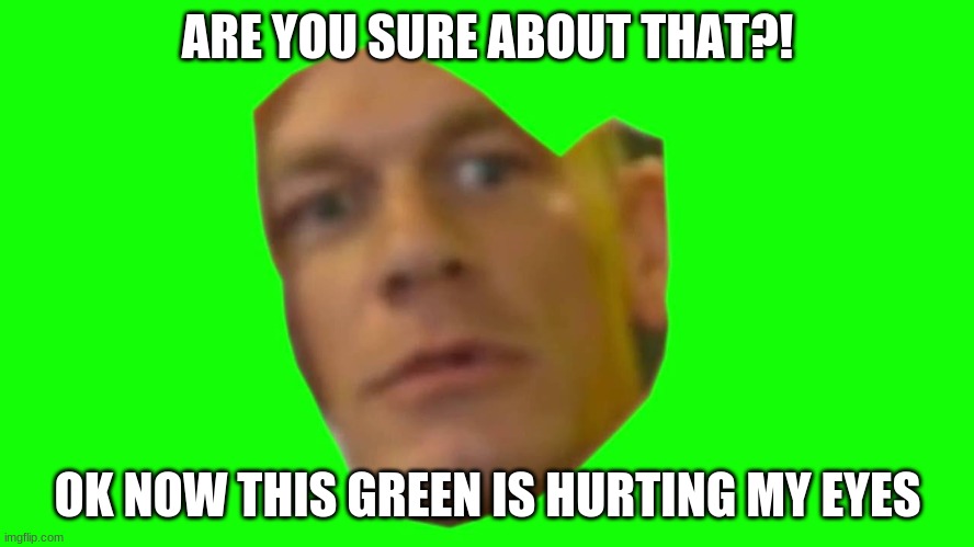 Are you sure about that? (Cena) | ARE YOU SURE ABOUT THAT?! OK NOW THIS GREEN IS HURTING MY EYES | image tagged in are you sure about that cena | made w/ Imgflip meme maker