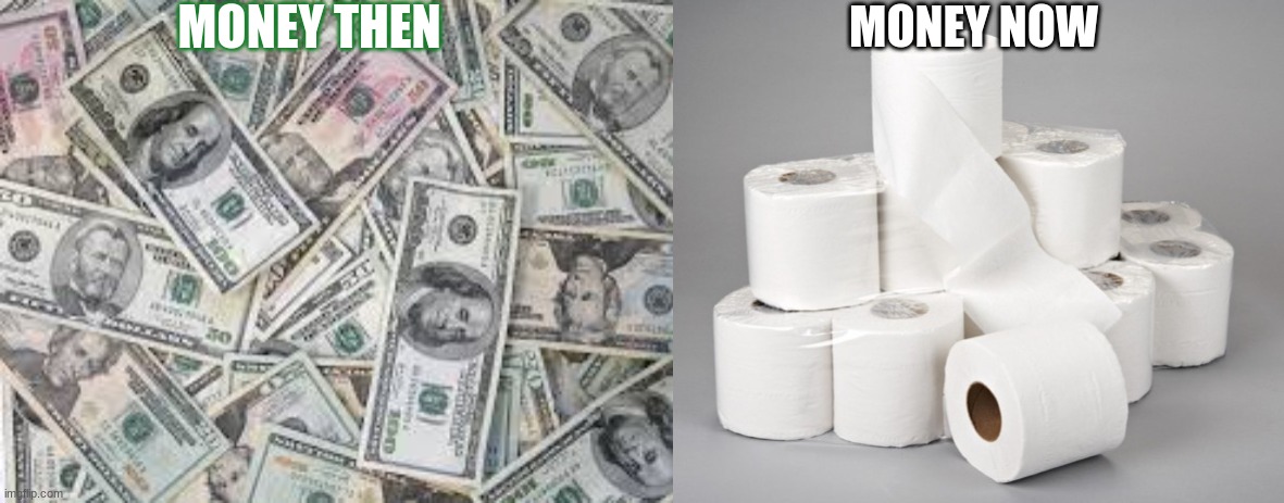MONEY THEN; MONEY NOW | image tagged in toilet paper | made w/ Imgflip meme maker