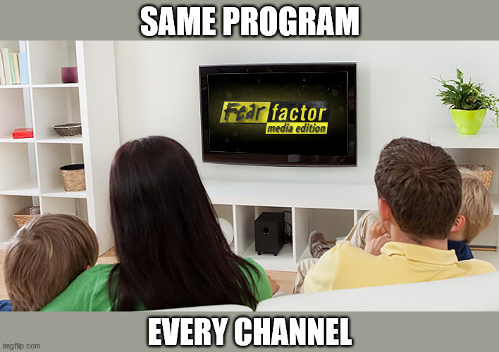 SAME PROGRAM; EVERY CHANNEL | image tagged in fear factor,mainstream media,msm lies,covid-19 | made w/ Imgflip meme maker