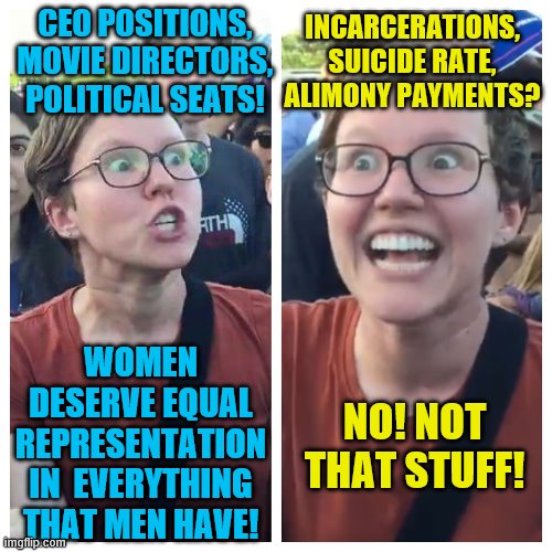 Social Justice Warrior Hypocrisy | CEO POSITIONS, MOVIE DIRECTORS, POLITICAL SEATS! INCARCERATIONS, SUICIDE RATE, ALIMONY PAYMENTS? WOMEN DESERVE EQUAL REPRESENTATION IN  EVERYTHING THAT MEN HAVE! NO! NOT THAT STUFF! | image tagged in social justice warrior hypocrisy,gender equality,political meme,memes | made w/ Imgflip meme maker