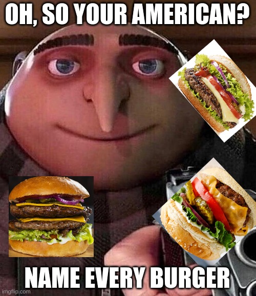 Gru pointing gun | OH, SO YOUR AMERICAN? NAME EVERY BURGER | image tagged in gru pointing gun | made w/ Imgflip meme maker