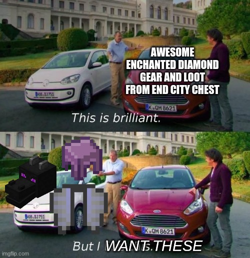 Minecraft elytra, dragon head, shulkers | AWESOME ENCHANTED DIAMOND GEAR AND LOOT FROM END CITY CHEST; WANT THESE | image tagged in this is brilliant but i like this | made w/ Imgflip meme maker
