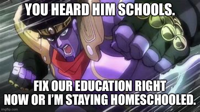 Star Platinum Punch Of Kill Everything | YOU HEARD HIM SCHOOLS. FIX OUR EDUCATION RIGHT NOW OR I’M STAYING HOMESCHOOLED. | image tagged in star platinum punch of kill everything | made w/ Imgflip meme maker